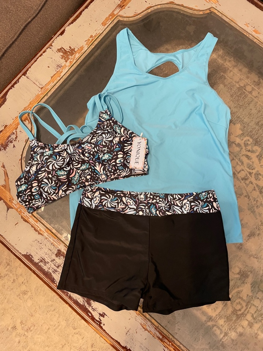 Aqua Racerback Tankini Set with Black Swim Shorts